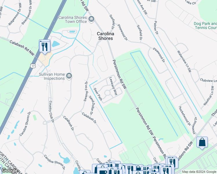 map of restaurants, bars, coffee shops, grocery stores, and more near 485 Pepper Breeze Avenue Southwest in Calabash