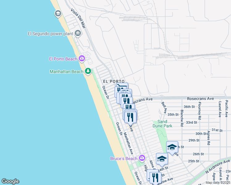 map of restaurants, bars, coffee shops, grocery stores, and more near 225 El Porto Street in Manhattan Beach