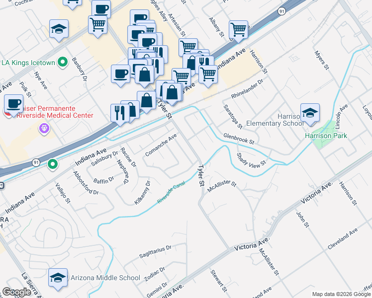 map of restaurants, bars, coffee shops, grocery stores, and more near 3243 Cherokee Street in Riverside