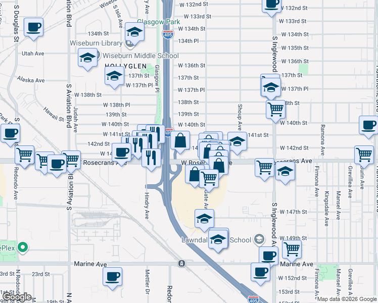map of restaurants, bars, coffee shops, grocery stores, and more near 5142 West 142nd Street in Hawthorne