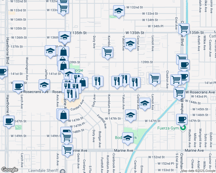 map of restaurants, bars, coffee shops, grocery stores, and more near 14114 Fonthill Avenue in Hawthorne