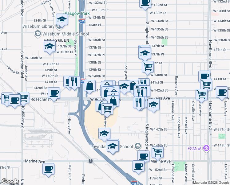 map of restaurants, bars, coffee shops, grocery stores, and more near 5002 West 142nd Street in Hawthorne