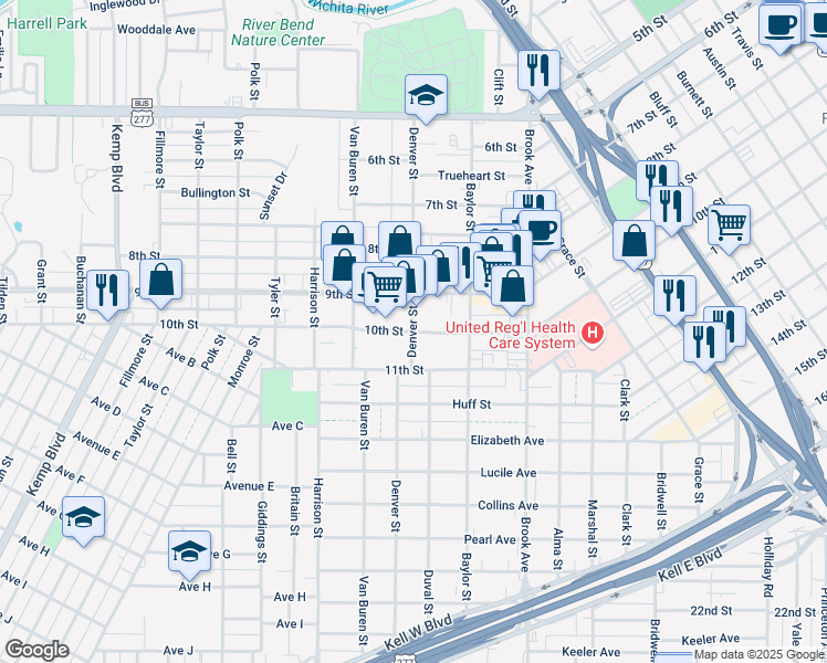 map of restaurants, bars, coffee shops, grocery stores, and more near 999 Denver Street in Wichita Falls