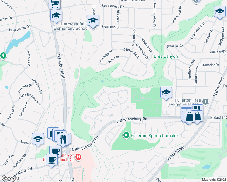 map of restaurants, bars, coffee shops, grocery stores, and more near 636 Colonial Circle in Fullerton