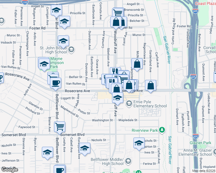 map of restaurants, bars, coffee shops, grocery stores, and more near 10133 Van Ruiten Street in Bellflower
