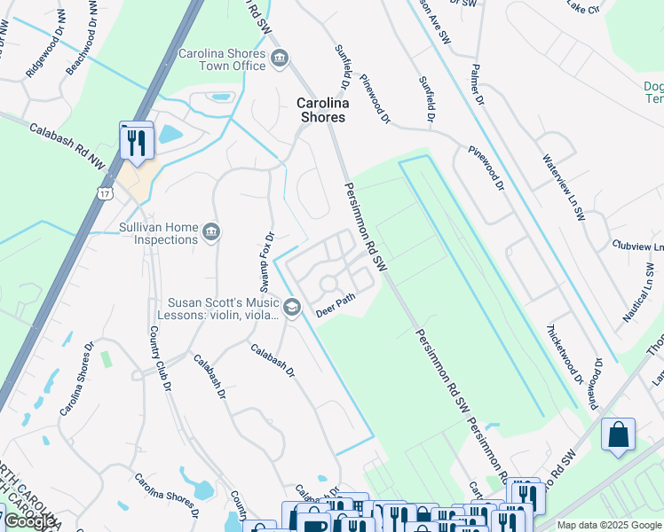 map of restaurants, bars, coffee shops, grocery stores, and more near 485 Pepper Breeze Avenue Southwest in Calabash