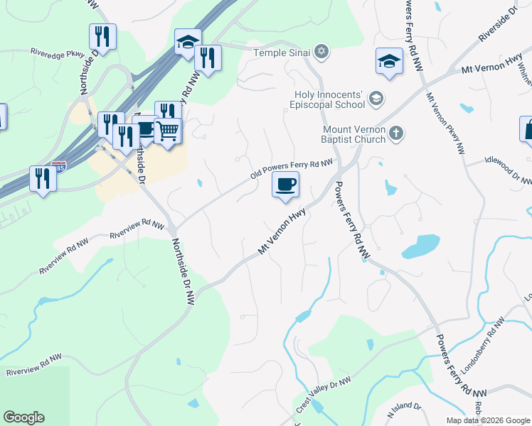 map of restaurants, bars, coffee shops, grocery stores, and more near 2 Old Virginia Chase Northwest in Sandy Springs