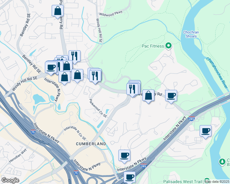 map of restaurants, bars, coffee shops, grocery stores, and more near 2018 Powers Ferry Road Southeast in Marietta