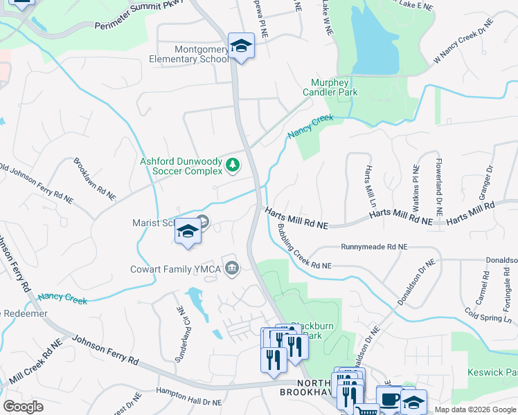 map of restaurants, bars, coffee shops, grocery stores, and more near 3738 Ashford Dunwoody Road Northeast in Atlanta