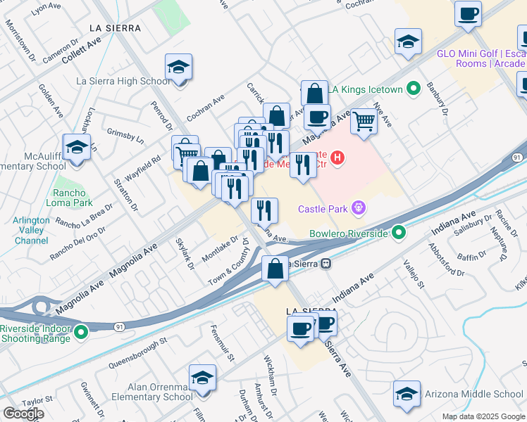 map of restaurants, bars, coffee shops, grocery stores, and more near 3765 La Sierra Ave in Riverside