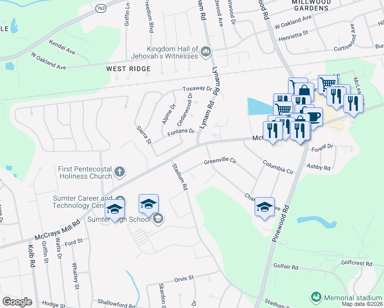 map of restaurants, bars, coffee shops, grocery stores, and more near 717 Sierra Street in Sumter