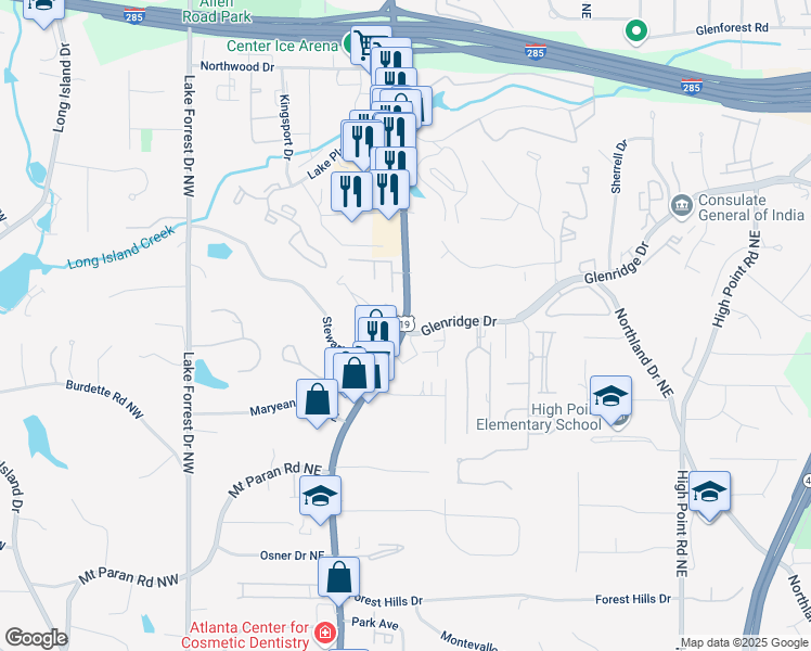 map of restaurants, bars, coffee shops, grocery stores, and more near 5400 Roswell Road in Sandy Springs