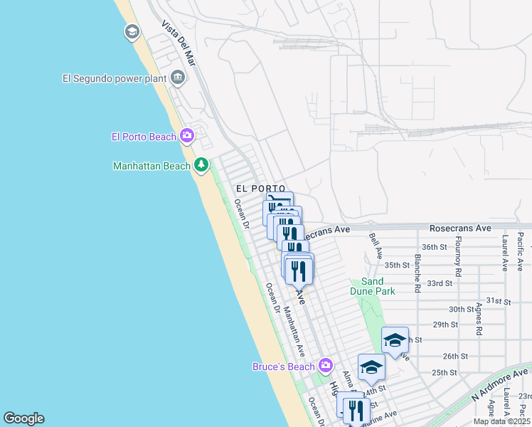 map of restaurants, bars, coffee shops, grocery stores, and more near 229 El Porto Street in Manhattan Beach