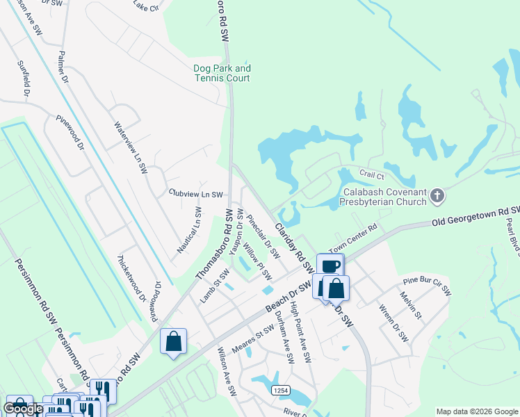 map of restaurants, bars, coffee shops, grocery stores, and more near 1181 Clariday Road Southwest in Calabash
