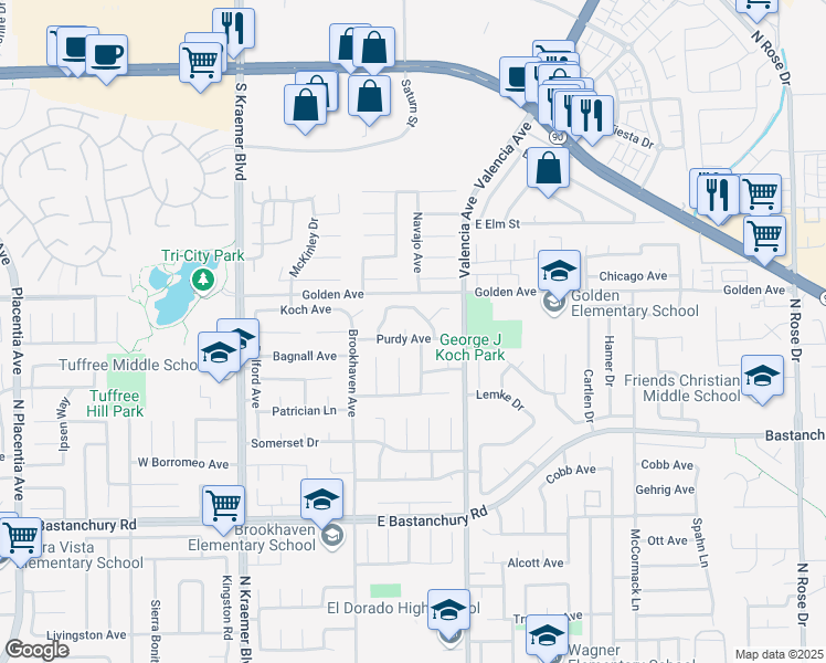 map of restaurants, bars, coffee shops, grocery stores, and more near 455 Purdy Avenue in Placentia