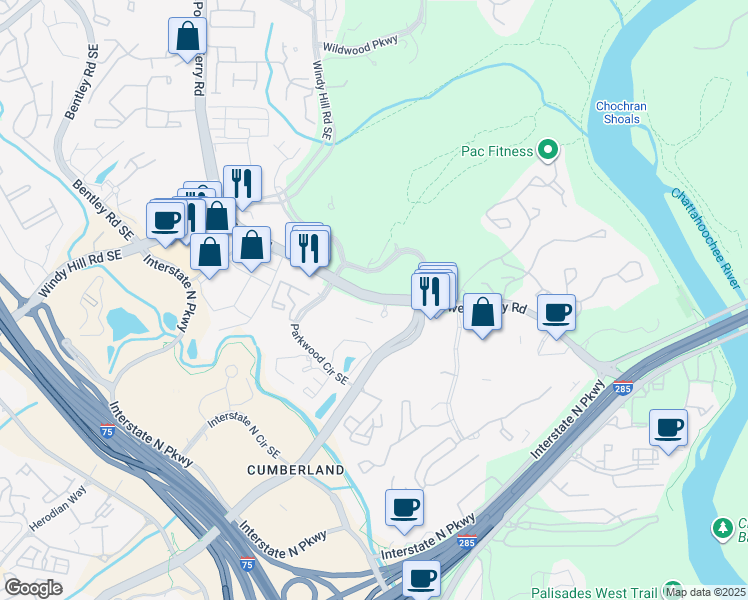 map of restaurants, bars, coffee shops, grocery stores, and more near 2018 Powers Ferry Road Southeast in Marietta
