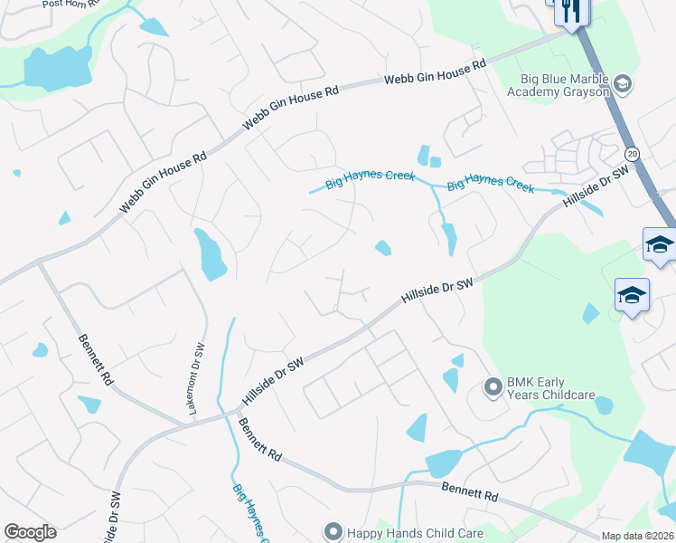 map of restaurants, bars, coffee shops, grocery stores, and more near 1453 Amber Hill Lane in Grayson