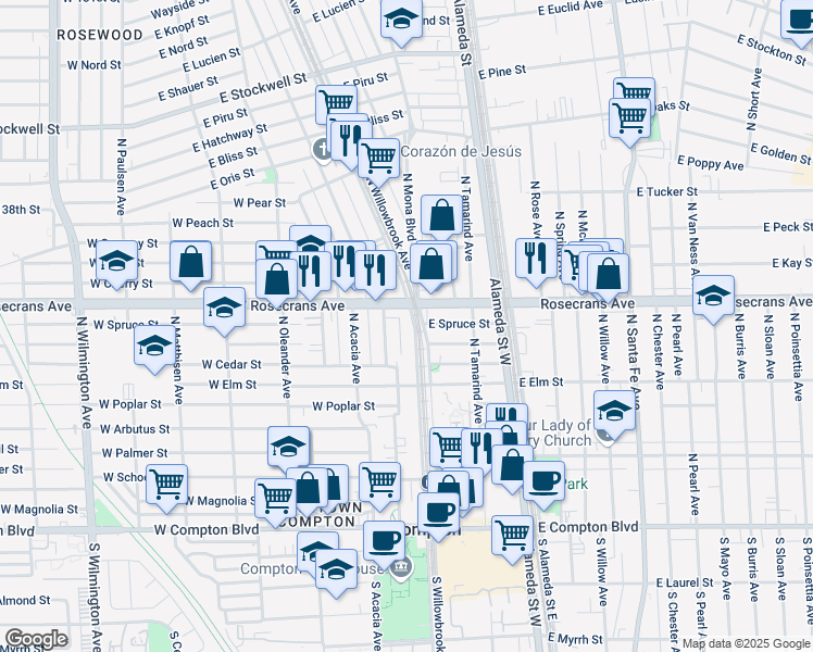 map of restaurants, bars, coffee shops, grocery stores, and more near 124 Rosecrans Avenue in Compton