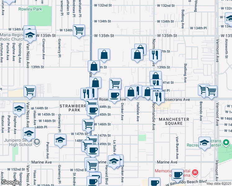 map of restaurants, bars, coffee shops, grocery stores, and more near 1617 West Rosecrans Avenue in Gardena