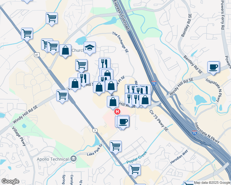 map of restaurants, bars, coffee shops, grocery stores, and more near 1950 North Park Place Southeast in Atlanta