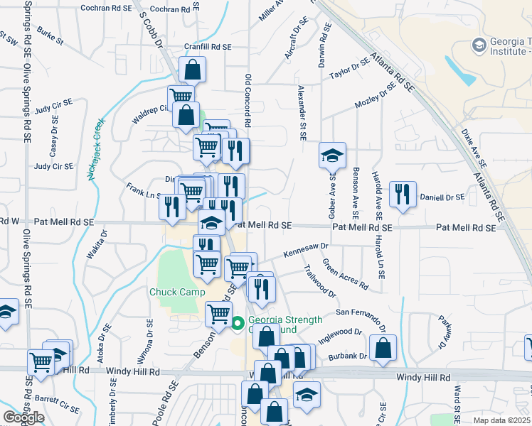 map of restaurants, bars, coffee shops, grocery stores, and more near 2002 Pat Mell Place Southeast in Smyrna