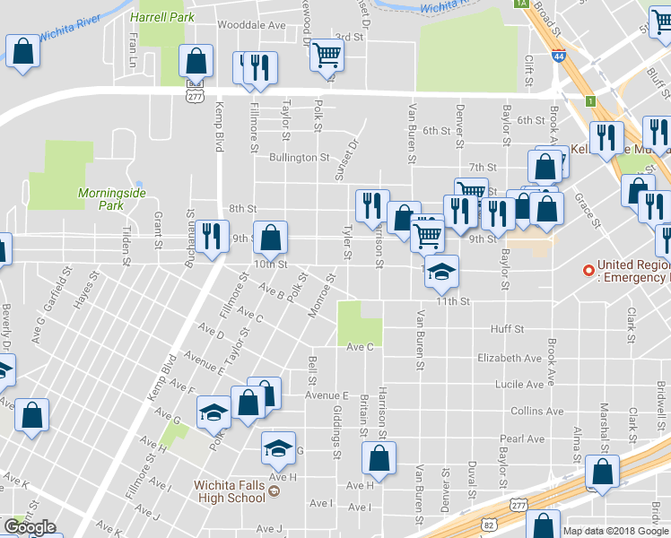 map of restaurants, bars, coffee shops, grocery stores, and more near 1004 Monroe Street in Wichita Falls