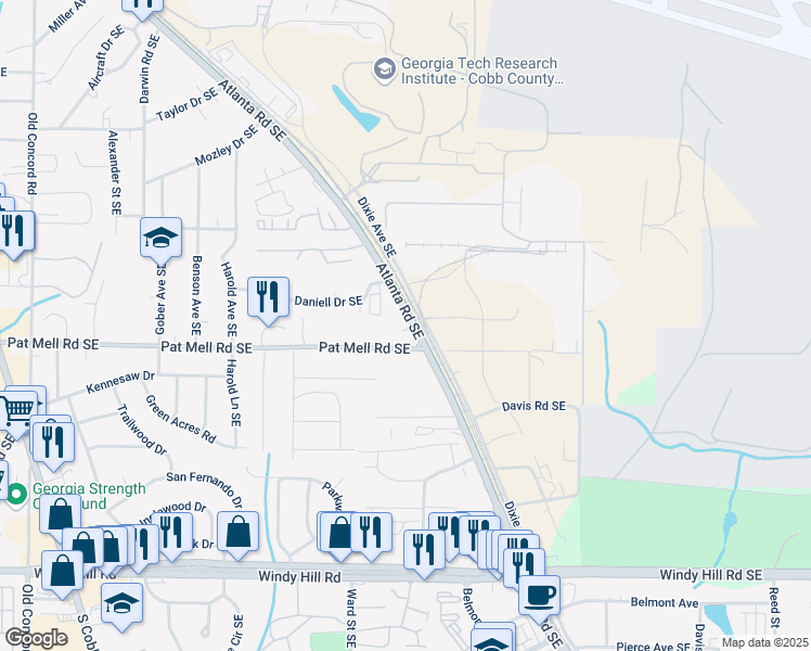 map of restaurants, bars, coffee shops, grocery stores, and more near 2080 Atlanta Road Southeast in Smyrna