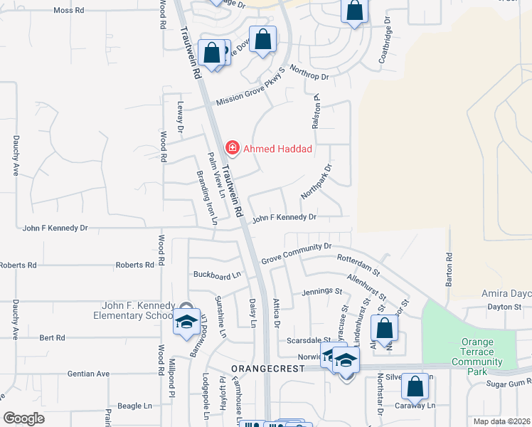 map of restaurants, bars, coffee shops, grocery stores, and more near 8195 Aliso Court in Riverside