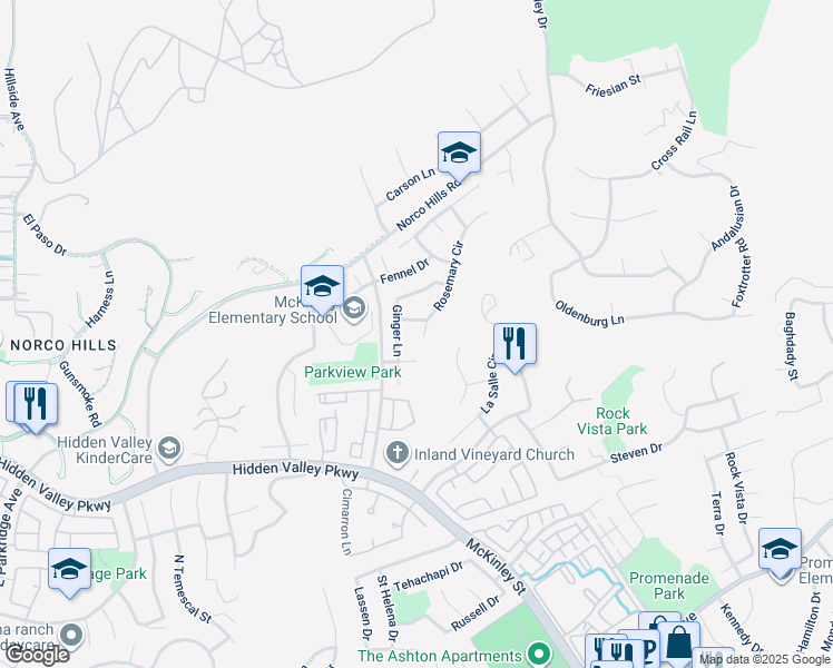 map of restaurants, bars, coffee shops, grocery stores, and more near 1110 Rosemary Circle in Corona