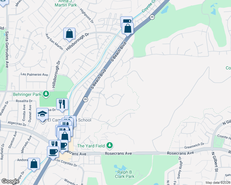 map of restaurants, bars, coffee shops, grocery stores, and more near 14062 Santa Barbara Street in La Mirada