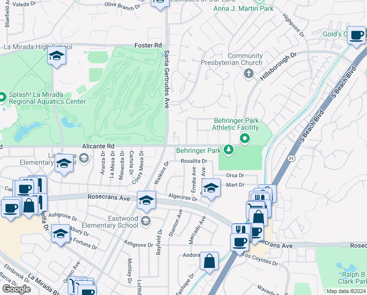 map of restaurants, bars, coffee shops, grocery stores, and more near 14127 Las Puertas Street in La Mirada