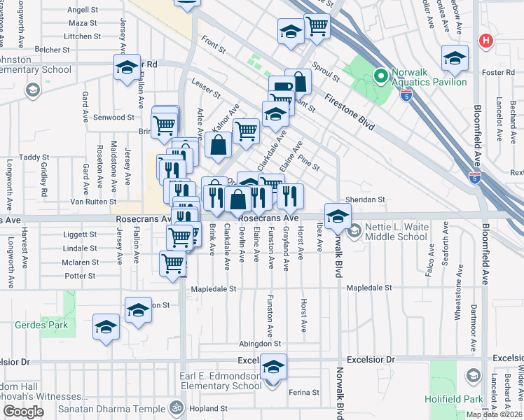 map of restaurants, bars, coffee shops, grocery stores, and more near 12049 Orange Street in Norwalk