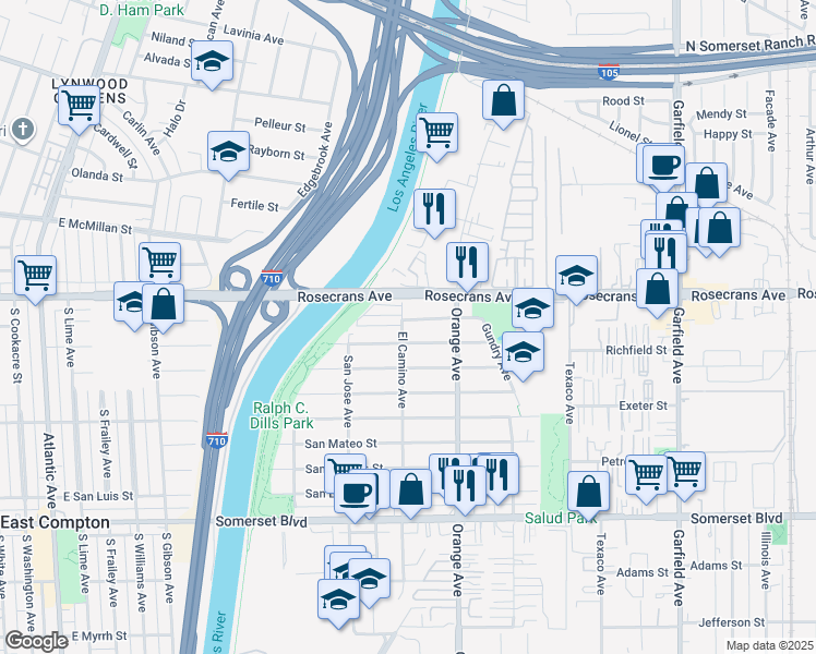 map of restaurants, bars, coffee shops, grocery stores, and more near 6819 San Rafael Street in Paramount