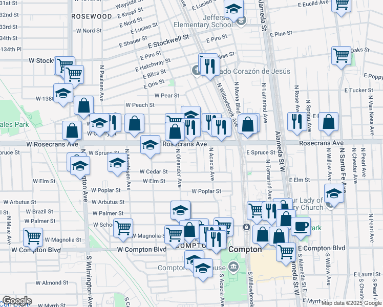 map of restaurants, bars, coffee shops, grocery stores, and more near 328 Rosecrans Avenue in Compton