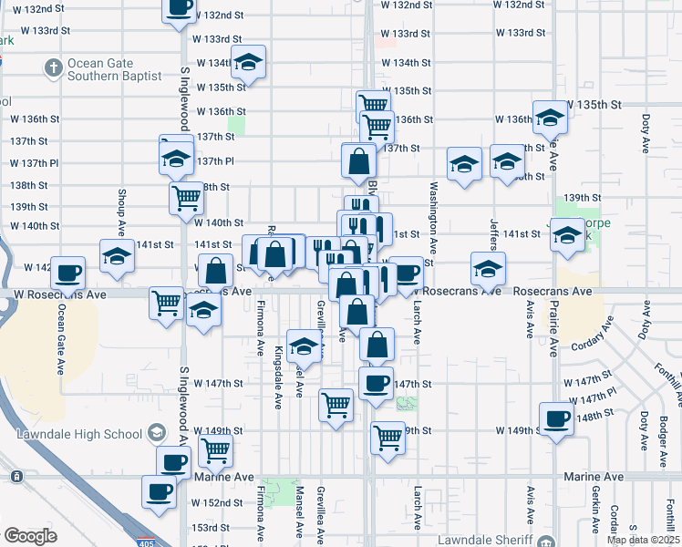 map of restaurants, bars, coffee shops, grocery stores, and more near 4479 West 142nd Street in Hawthorne