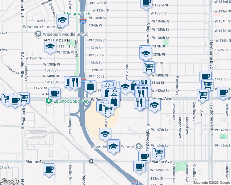 map of restaurants, bars, coffee shops, grocery stores, and more near 5021 West 142nd Street in Hawthorne