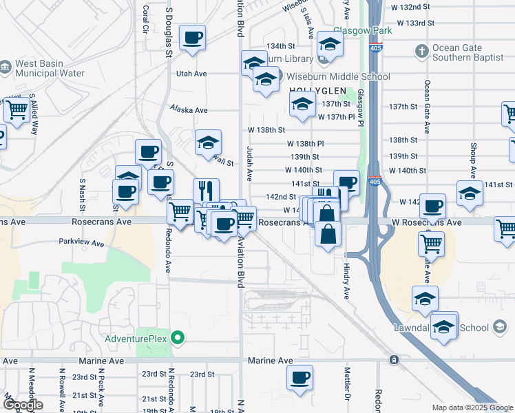 map of restaurants, bars, coffee shops, grocery stores, and more near 5516 142nd Street in Hawthorne