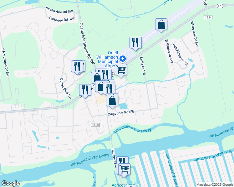 map of restaurants, bars, coffee shops, grocery stores, and more near 1553 Denton St SW in Ocean Isle Beach