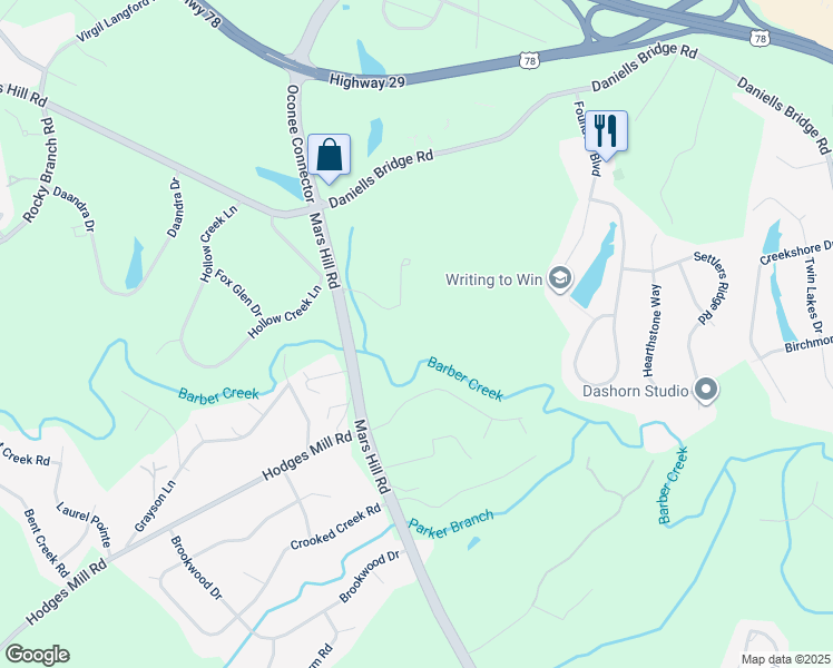 map of restaurants, bars, coffee shops, grocery stores, and more near 1080 Barber Creek Drive in Watkinsville