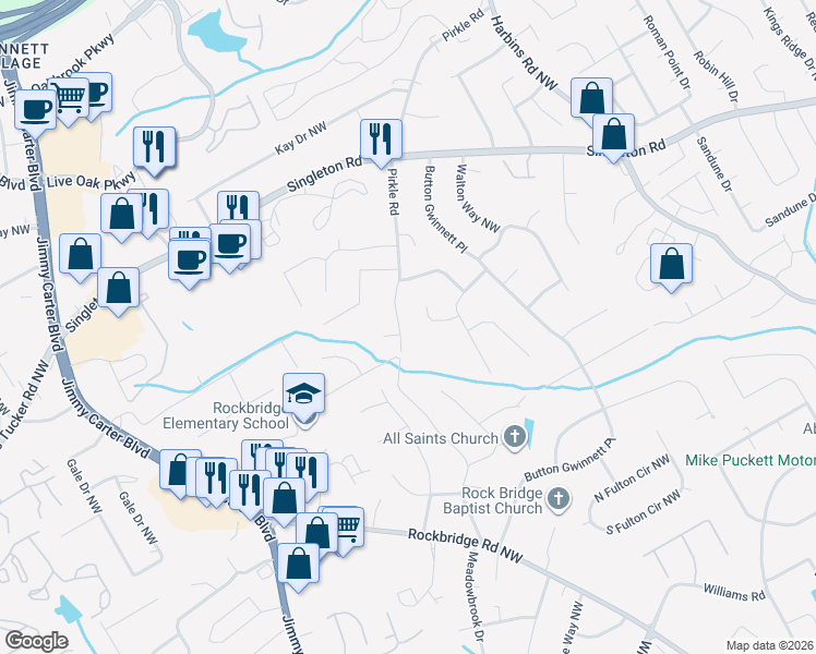 map of restaurants, bars, coffee shops, grocery stores, and more near 1314 Pirkle Road in Norcross
