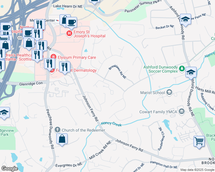 map of restaurants, bars, coffee shops, grocery stores, and more near 1105 Westbrooke Way Northeast in Atlanta