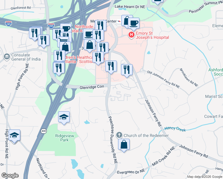 map of restaurants, bars, coffee shops, grocery stores, and more near 5402 Glenridge Cove Northeast in Atlanta