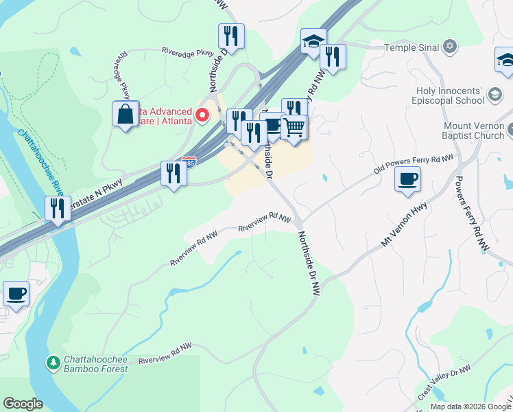 map of restaurants, bars, coffee shops, grocery stores, and more near 5280 Riverview Road Northwest in Atlanta