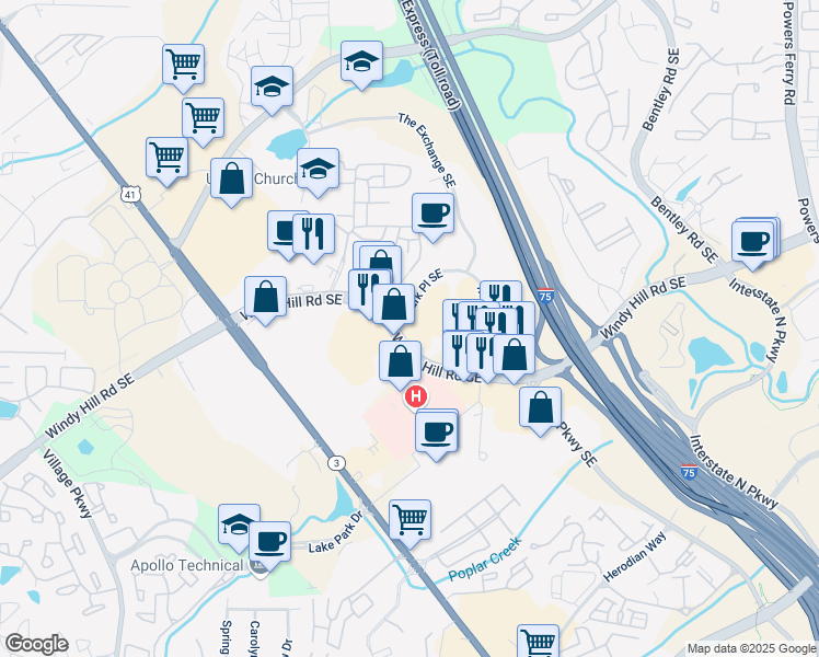 map of restaurants, bars, coffee shops, grocery stores, and more near 1950 North Park Place Southeast in Atlanta