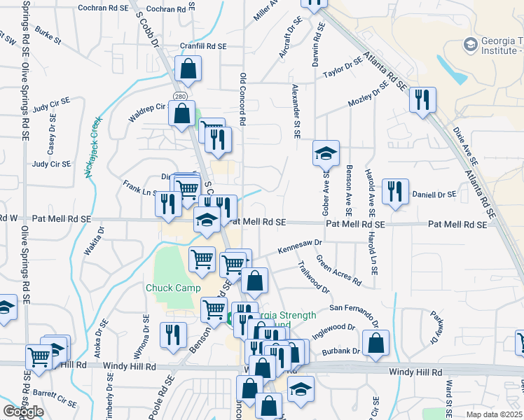 map of restaurants, bars, coffee shops, grocery stores, and more near 2002 Pat Mell Place Southeast in Smyrna
