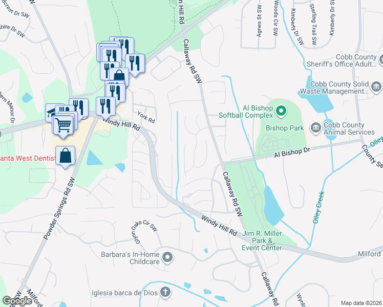 map of restaurants, bars, coffee shops, grocery stores, and more near 1470 Chamirey Drive Southwest in Marietta