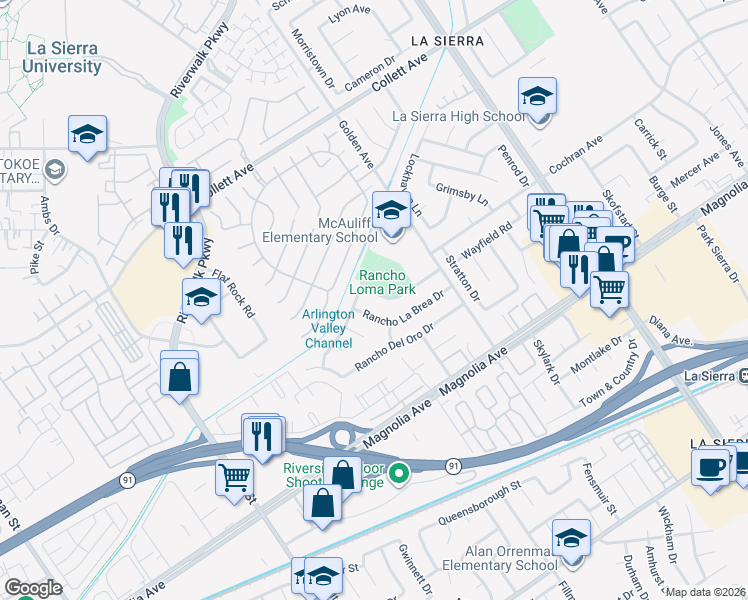 map of restaurants, bars, coffee shops, grocery stores, and more near 11343 Rancho Loma Drive in Riverside