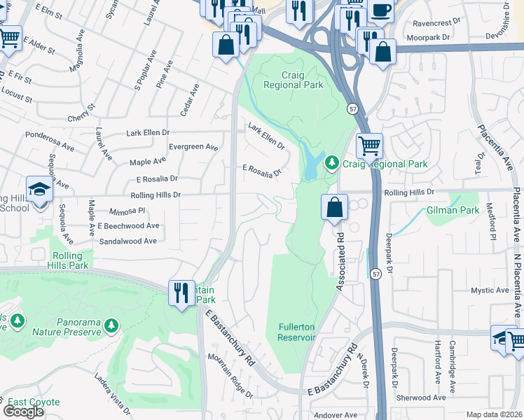 map of restaurants, bars, coffee shops, grocery stores, and more near 2804 Hickory Place in Fullerton