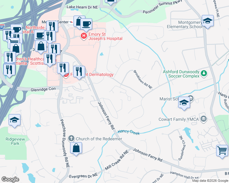 map of restaurants, bars, coffee shops, grocery stores, and more near 1073 Westbrooke Way Northeast in Atlanta
