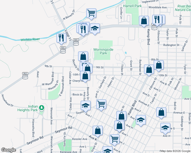 map of restaurants, bars, coffee shops, grocery stores, and more near 3116 10th Street in Wichita Falls